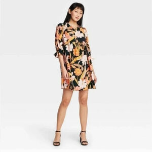 || WHO WHAT WEAR || black floral dress, mini, ¾ length sleeves, lined, small